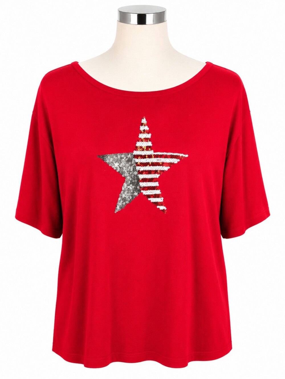 IN Focus NWT Women's Red Short Sleeve Sequin American Star Graphic Tee Sz XXL